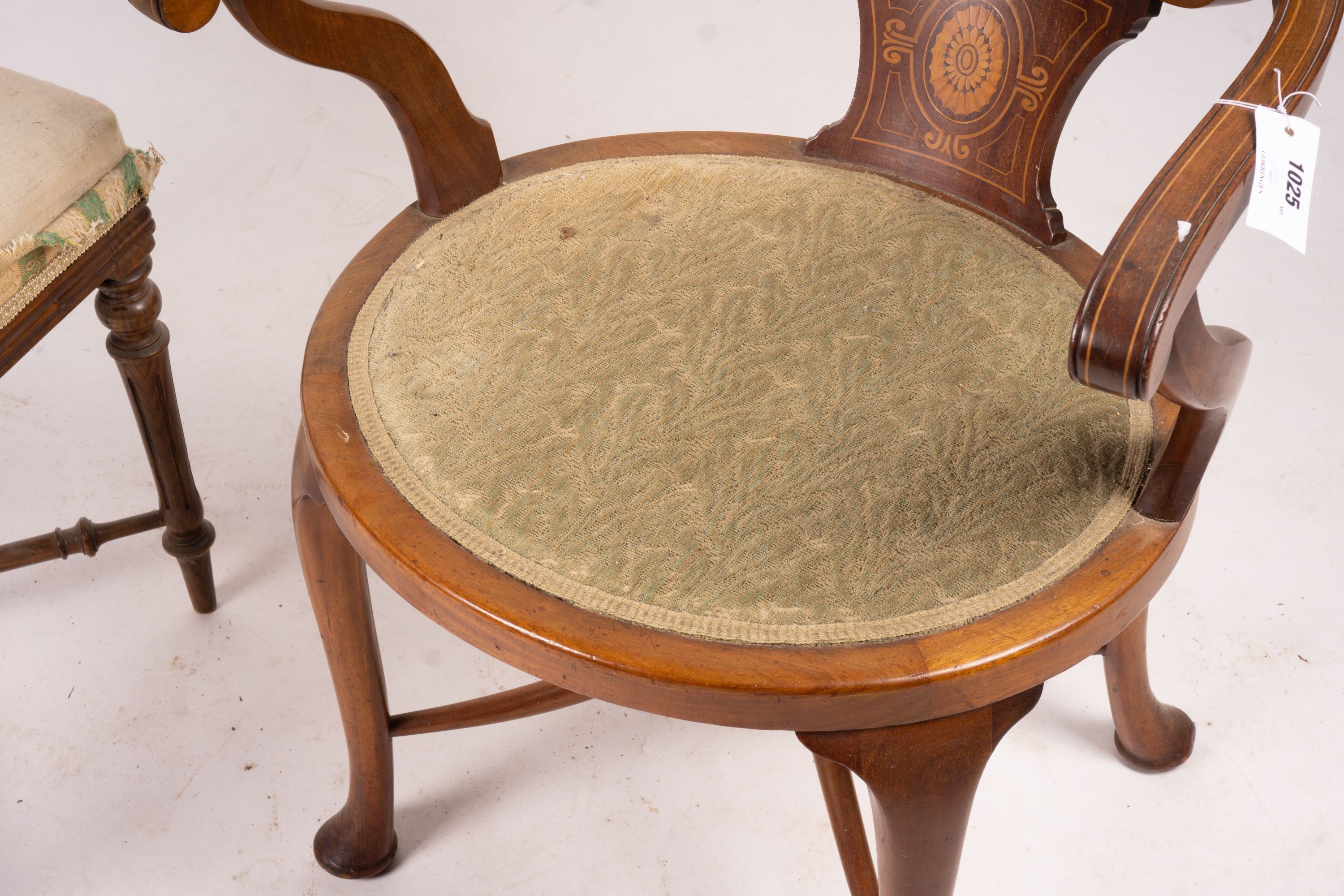 An Edwardian marquetry inlaid mahogany elbow chair and a Victorian dressing stool